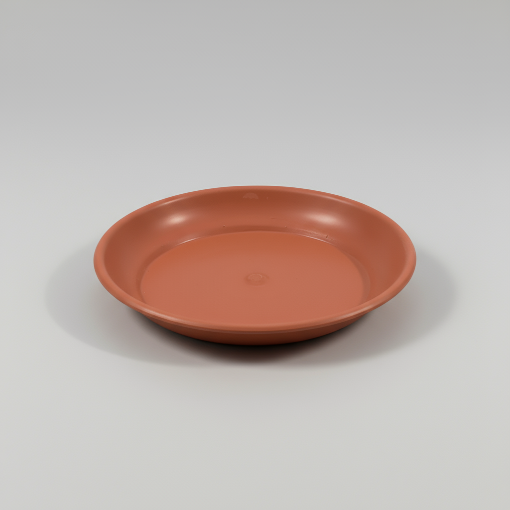 A brown plastic pot plate with a central hole for the pot to sit on.