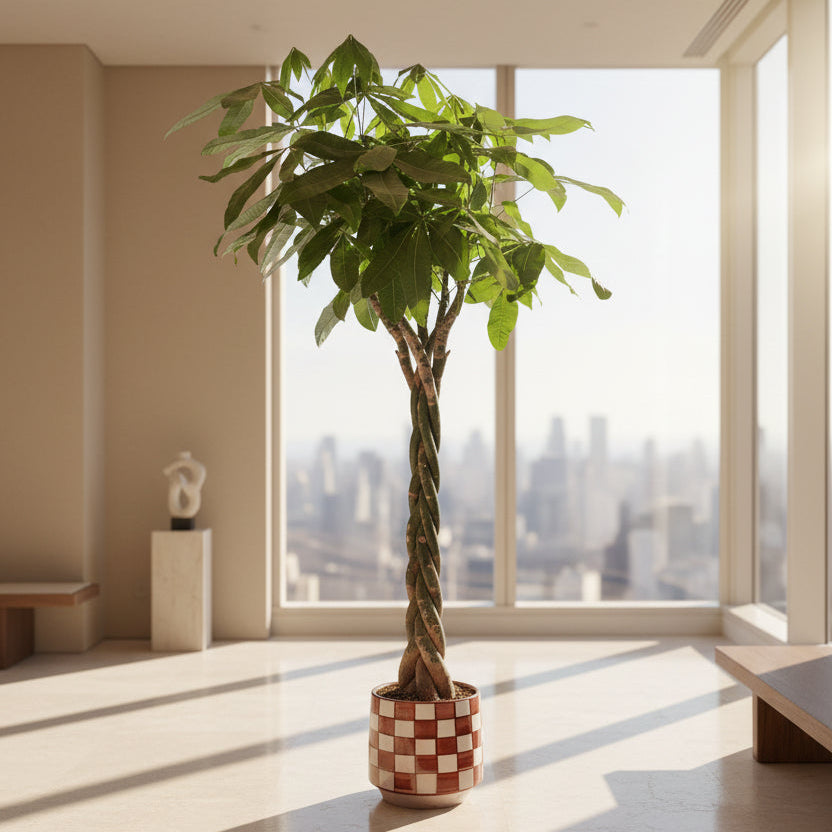 Potted Money Tree Plant in Checkered ceramic pot on a windowsill with a wooden frame in the background