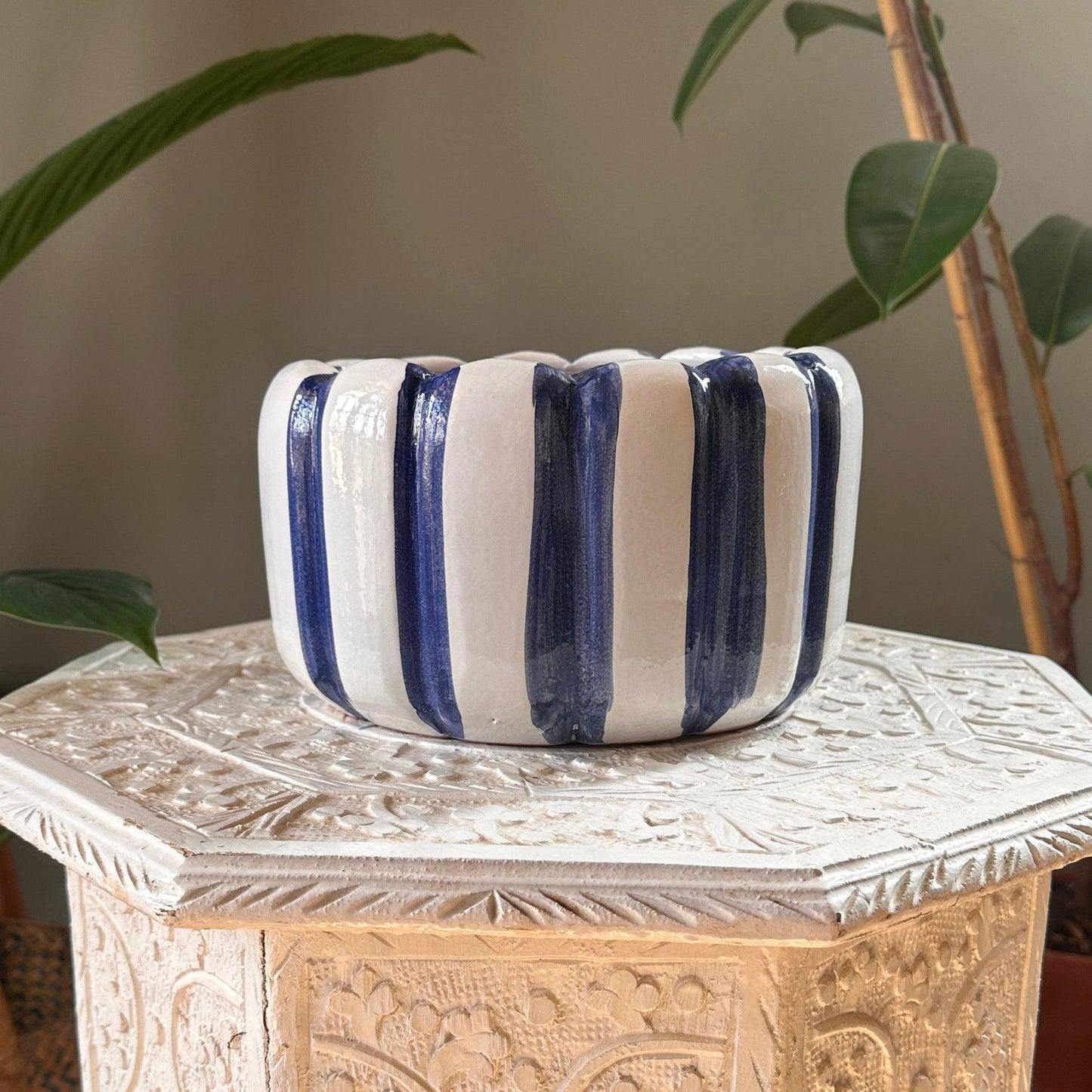 Skyline ( off-white and blue) Stripes Ceramic Pot Size 20 cm