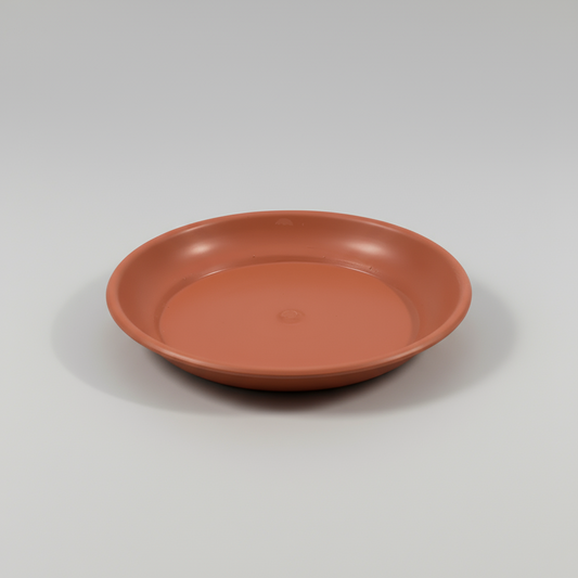 A brown plastic pot plate with a central hole for the pot to sit on.