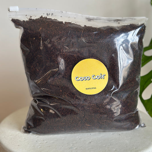 Bag of Coco Coir with a yellow label on a white surface - kaynuna 