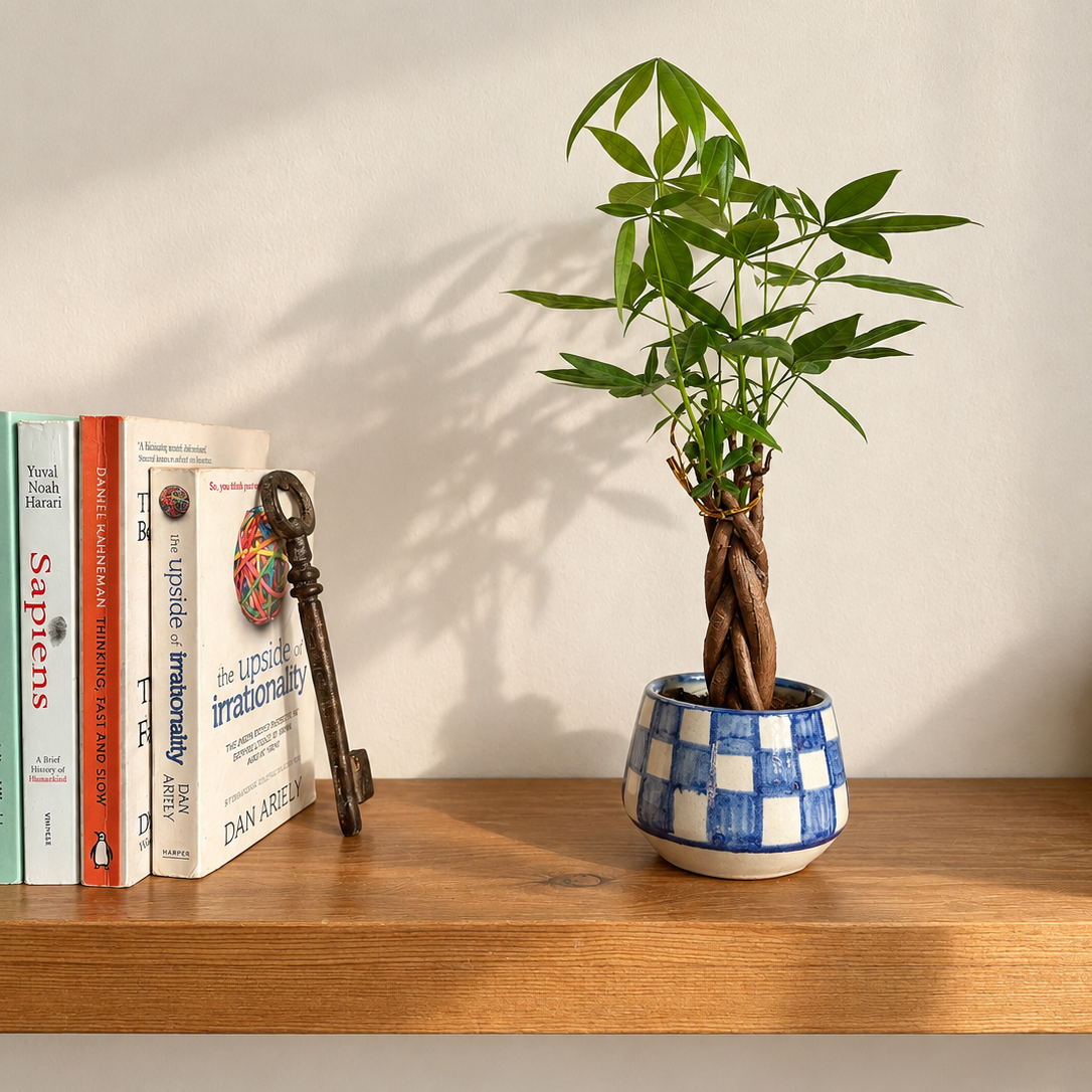 small money tree in checkred planter on a shelf - kaynuna