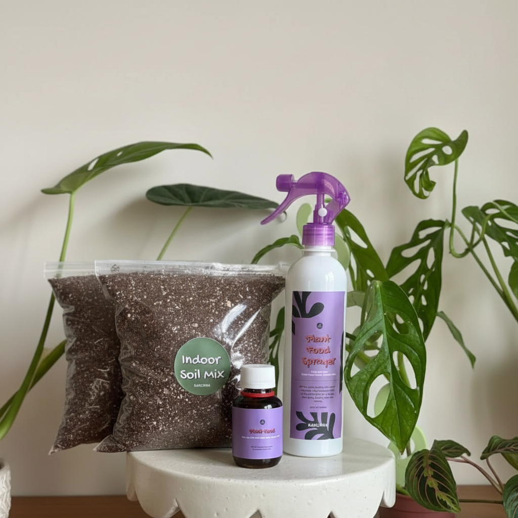 Indoor plant care products including soil mix, spray bottle, and fertilizer on a white surface with plants in the background.